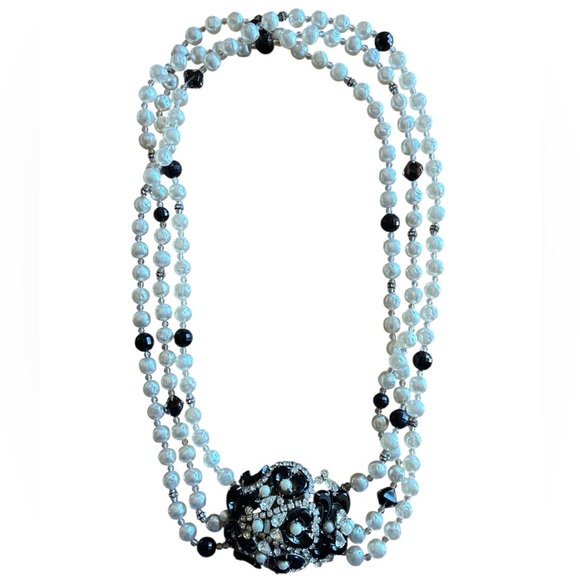 Brania Jewelry - Vintage Brania Runway Black Glass & Clear Rhinestone Pearl Statement Necklace